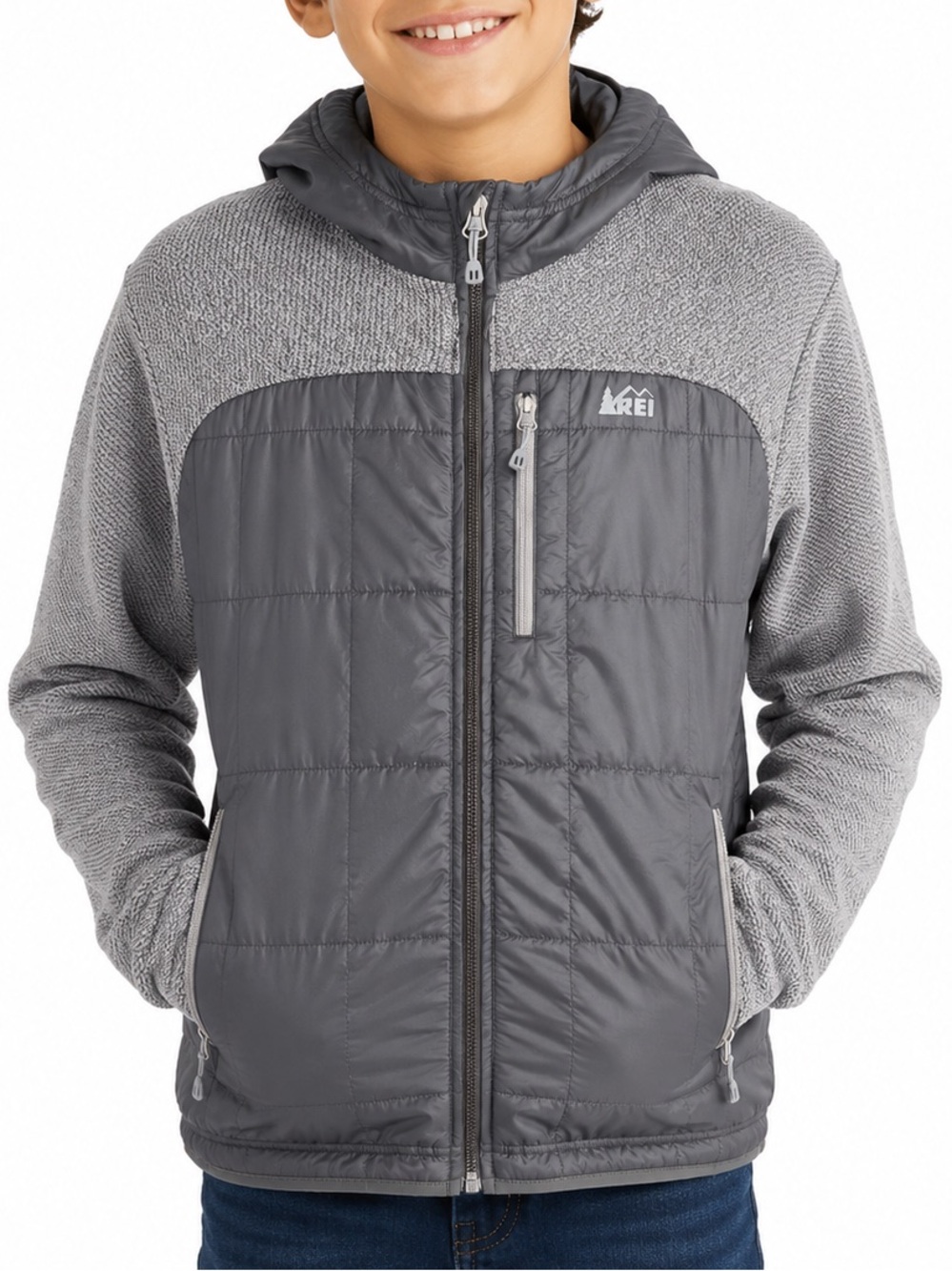 REI Boys XL Gray Hooded Hybrid Puffer Fleece Jacket Full Zip Outdoor Coat